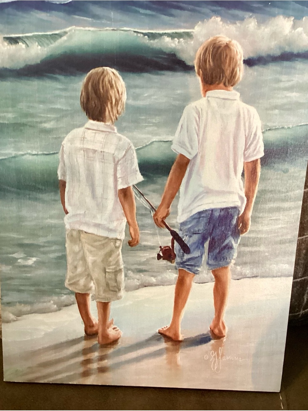 Coastal Boys Fishing Beach Print - Serene Seaside Scene 16”X12”